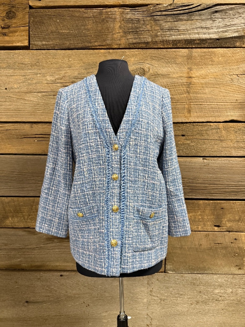 Talbots Tweed blazer, Light blue with pink and‎ white thread, size 6